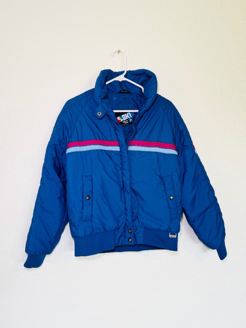 White Stag Ski Puffer Jacket Coat Women's Large Blue Striped Retro Vintage 80s